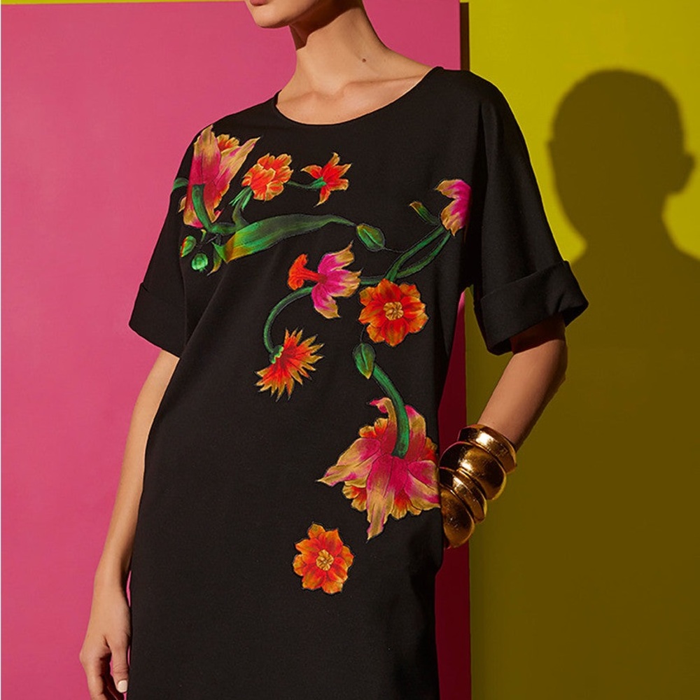 Natori Elegant Black Dress with Colorful Floral Accents